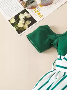 Young Girl Cold Shoulder Tee & Striped Paperbag Waist Shorts - Multicolor - View 4