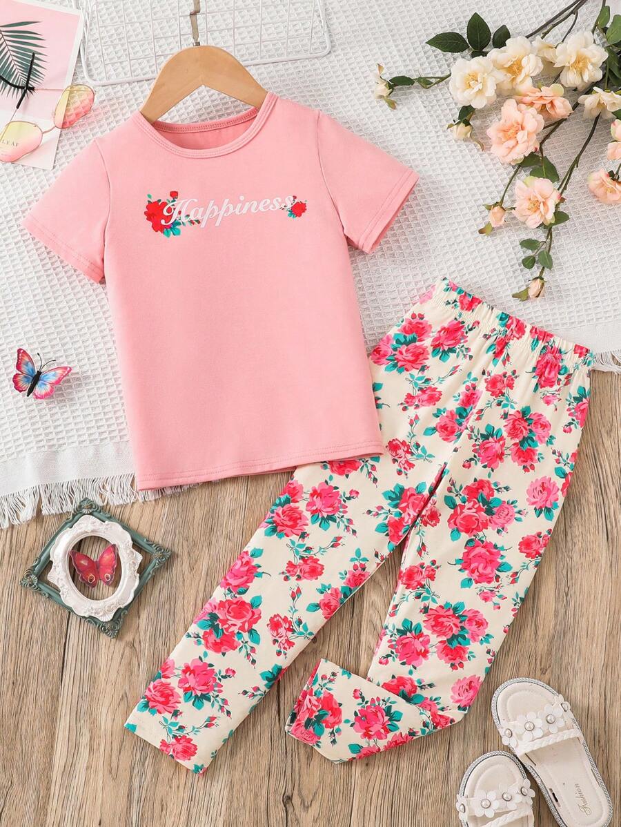 SHEIN 小女童花卉和字母圖案T恤和褲子 - 粉色 - 查看 1