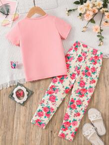 SHEIN 小女童花卉和字母圖案T恤和褲子 - 粉色 - 查看 2