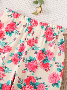 SHEIN 小女童花卉和字母圖案T恤和褲子 - 粉色 - 查看 3