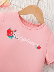 SHEIN 小女童花卉和字母圖案T恤和褲子 - 粉色 - 查看 4