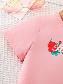 SHEIN 小女童花卉和字母圖案T恤和褲子 - 粉色 - 查看 5