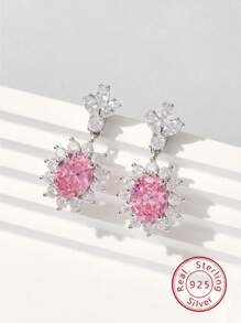 Hoa tai bông tuyết Cubic Zirconia bạc Sterling 925, Món quà trang sức tinh tế dành cho phụ nữ - Hồng - Xem 1