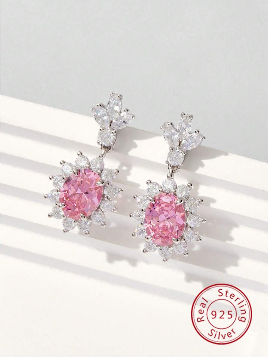 Hoa tai bông tuyết Cubic Zirconia bạc Sterling 925, Món quà trang sức tinh tế dành cho phụ nữ - Hồng - Xem 1