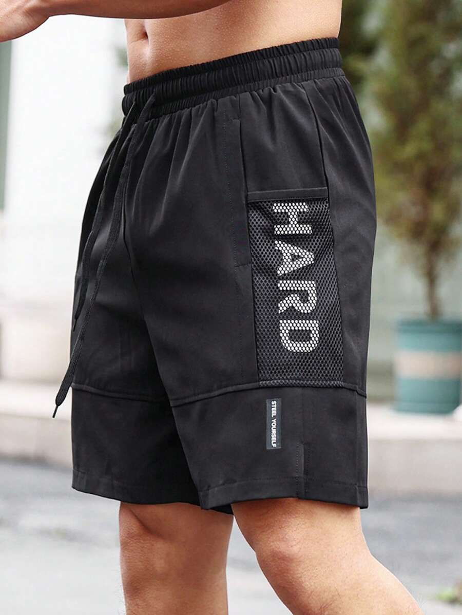 Manfinity Running Men Letter Graphic Drawstring Waist Sports Shorts Sweat Pants Black Shorts - Black - View 1