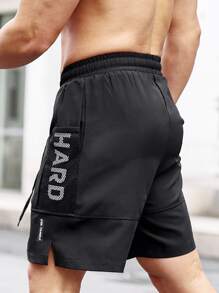 Manfinity Running Men Letter Graphic Drawstring Waist Sports Shorts Sweat Pants Black Shorts - Black - View 2