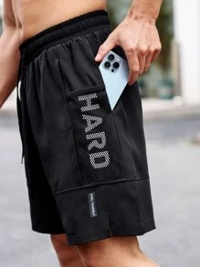 Manfinity Running Men Letter Graphic Drawstring Waist Sports Shorts Sweat Pants Black Shorts - Black - View 3