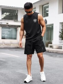 Manfinity Running Men Letter Graphic Drawstring Waist Sports Shorts Sweat Pants Black Shorts - Black - View 4
