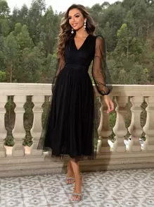 Joyfunear 燈籠袖網紗覆蓋連衣裙 - 黑色 - 查看 1