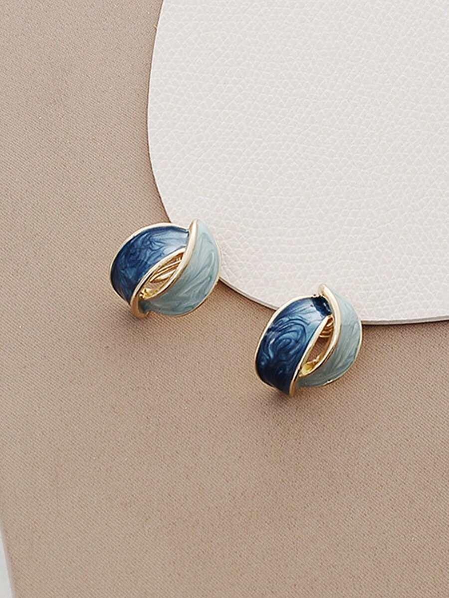 1 Đôi Bông Tai Khối Màu Cao Cấp Phong Cách Retro, Thiết Kế Kẹp, Thích Hợp Cho Bé Gái Không Xỏ Lỗ Tai - Màu xanh lam - Xem 1