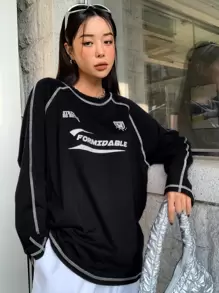 DAZY 字母图案明线插肩袖 T 恤针织衫，秋季服装学院风上衣长袖女式上衣