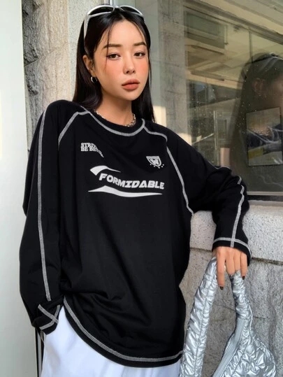 DAZY 字母图案明线插肩袖 T 恤针织衫，秋季服装学院风上衣长袖女式上衣