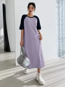 DAZY 字母圖案插肩袖T恤洋裝 - 紫色 - 查看 1
