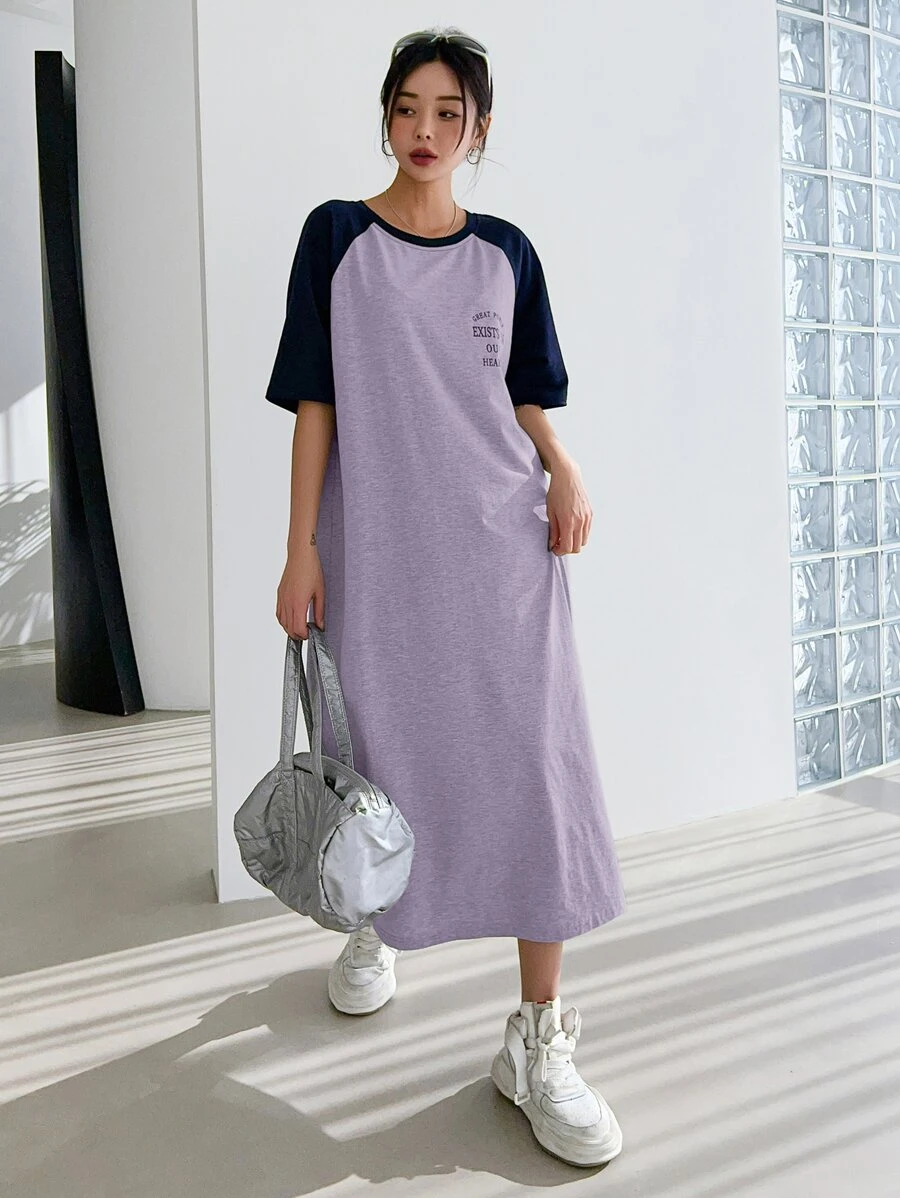 DAZY 字母圖案插肩袖T恤洋裝 - 紫色 - 查看 1