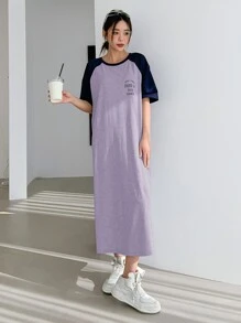 DAZY 字母圖案插肩袖T恤洋裝 - 紫色 - 查看 4