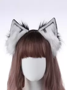 1入組女士動物耳朵和長毛絨裝飾時尚立體髮箍適合派對 - 黑與白 - 查看 1