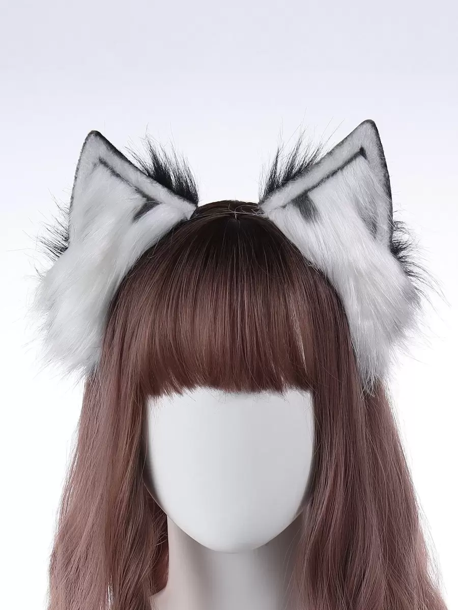 1入組女士動物耳朵和長毛絨裝飾時尚立體髮箍適合派對 - 黑與白 - 查看 1