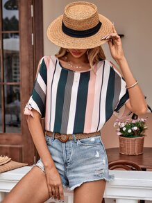 SHEIN LUNE Blusa con estampado de rayas de manga murciélago - Multicolor - Ver 1