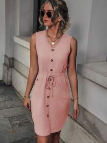 SHEIN LUNE Đầm Dây kéo Túi Nút phía trước màu trơn Giải trí - Màu Hồng baby - Xem 3