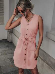 SHEIN LUNE Đầm Dây kéo Túi Nút phía trước màu trơn Giải trí - Màu Hồng baby - Xem 4