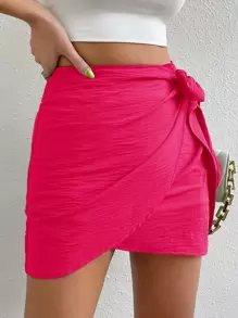 Breezaya Solid Color Casual Minimalist Side Tie Women Skirts - Hot Pink - View 4