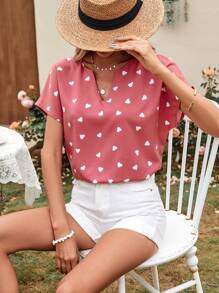 SHEIN LUNE 愛心圖案蝙蝠袖缺口領襯衫 - 粉色 - 查看 1