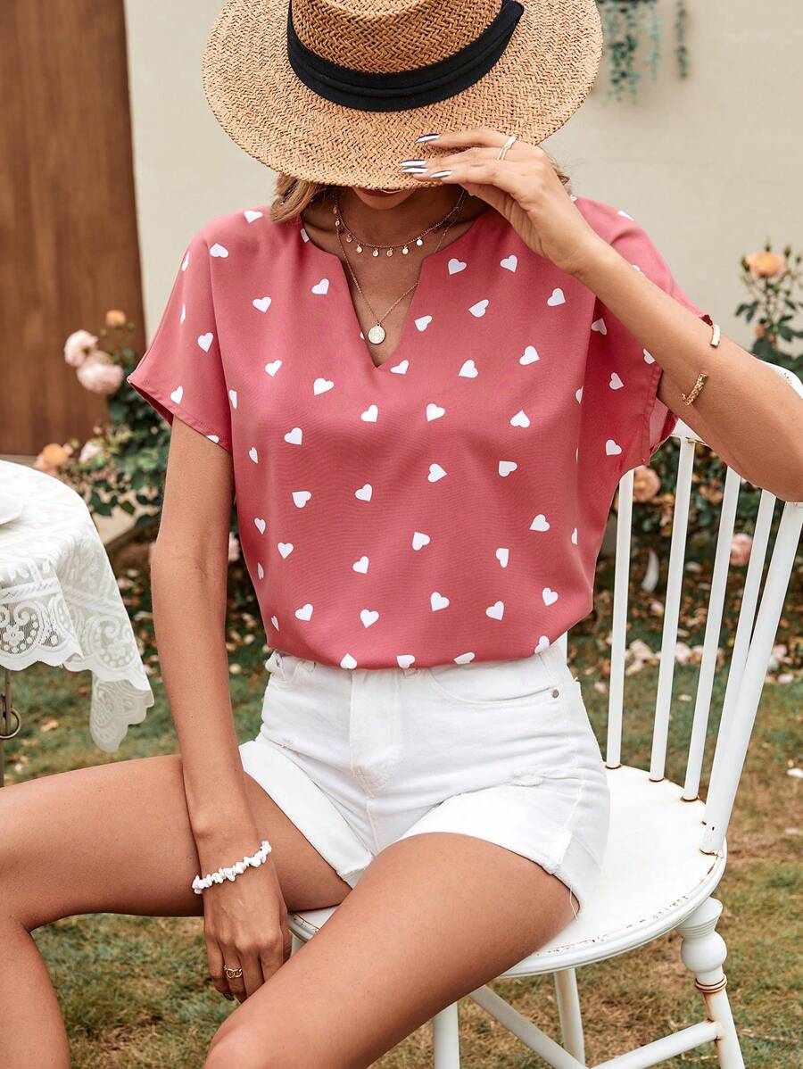 SHEIN LUNE 愛心圖案蝙蝠袖缺口領襯衫 - 粉色 - 查看 1