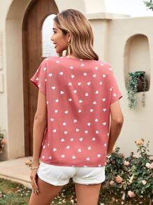 SHEIN LUNE 愛心圖案蝙蝠袖缺口領襯衫 - 粉色 - 查看 2