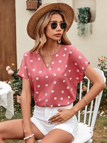 SHEIN LUNE 愛心圖案蝙蝠袖缺口領襯衫 - 粉色 - 查看 4