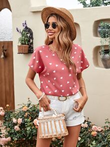 SHEIN LUNE 愛心圖案蝙蝠袖缺口領襯衫 - 粉色 - 查看 5