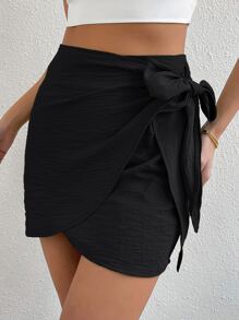 SHEIN LUNE Women's Solid Color Side Knot Wrap Casual Midi Skirt - Black - View 5