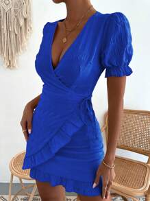 Chiquease Puff Sleeve Ruffle Trim Tie Side Wrap Dress - Royal Blue - View 6