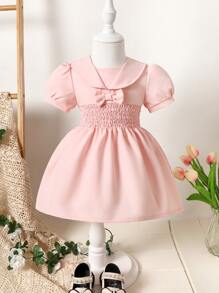 SHEIN Baby Puff Sleeve Shirred Bow Front Dress - Baby Pink - View 1
