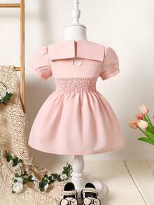 SHEIN Baby Puff Sleeve Shirred Bow Front Dress - Baby Pink - View 2