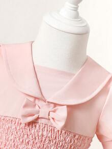 SHEIN Baby Puff Sleeve Shirred Bow Front Dress - Baby Pink - View 5