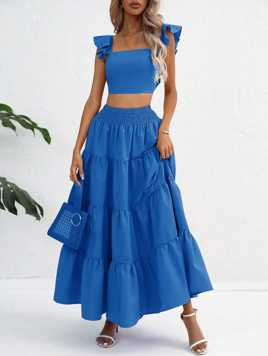 SHEIN VCAY 荷葉邊短款上衣和荷葉邊半身裙 - 藍色 - 查看 1