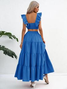 SHEIN VCAY 荷葉邊短款上衣和荷葉邊半身裙 - 藍色 - 查看 2