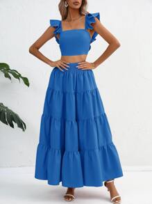 SHEIN VCAY 荷葉邊短款上衣和荷葉邊半身裙 - 藍色 - 查看 4