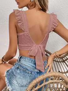 SHEIN Frenchy 後背繫帶荷葉邊短款上衣 - 藕粉色 - 查看 1