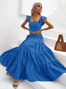 SHEIN VCAY 荷葉邊短款上衣和荷葉邊半身裙 - 藍色 - 查看 7