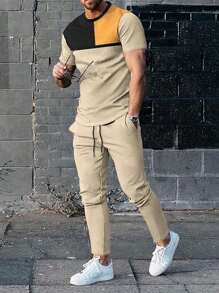 Manfinity Homme 男士撞色T恤和腰部抽繩長褲 - 卡其色 - 查看 1