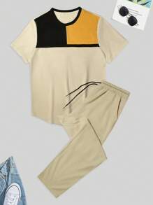 Manfinity Homme 男士撞色T恤和腰部抽繩長褲 - 卡其色 - 查看 3