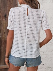 SHEIN VCAY Frill Trim Puff Sleeve Blouse - White - View 3