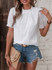 SHEIN VCAY Frill Trim Puff Sleeve Blouse - White - View 4