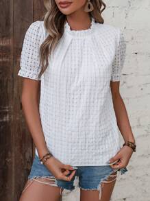 SHEIN VCAY Frill Trim Puff Sleeve Blouse - White - View 6