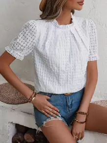 SHEIN VCAY Frill Trim Puff Sleeve Blouse - White - View 1