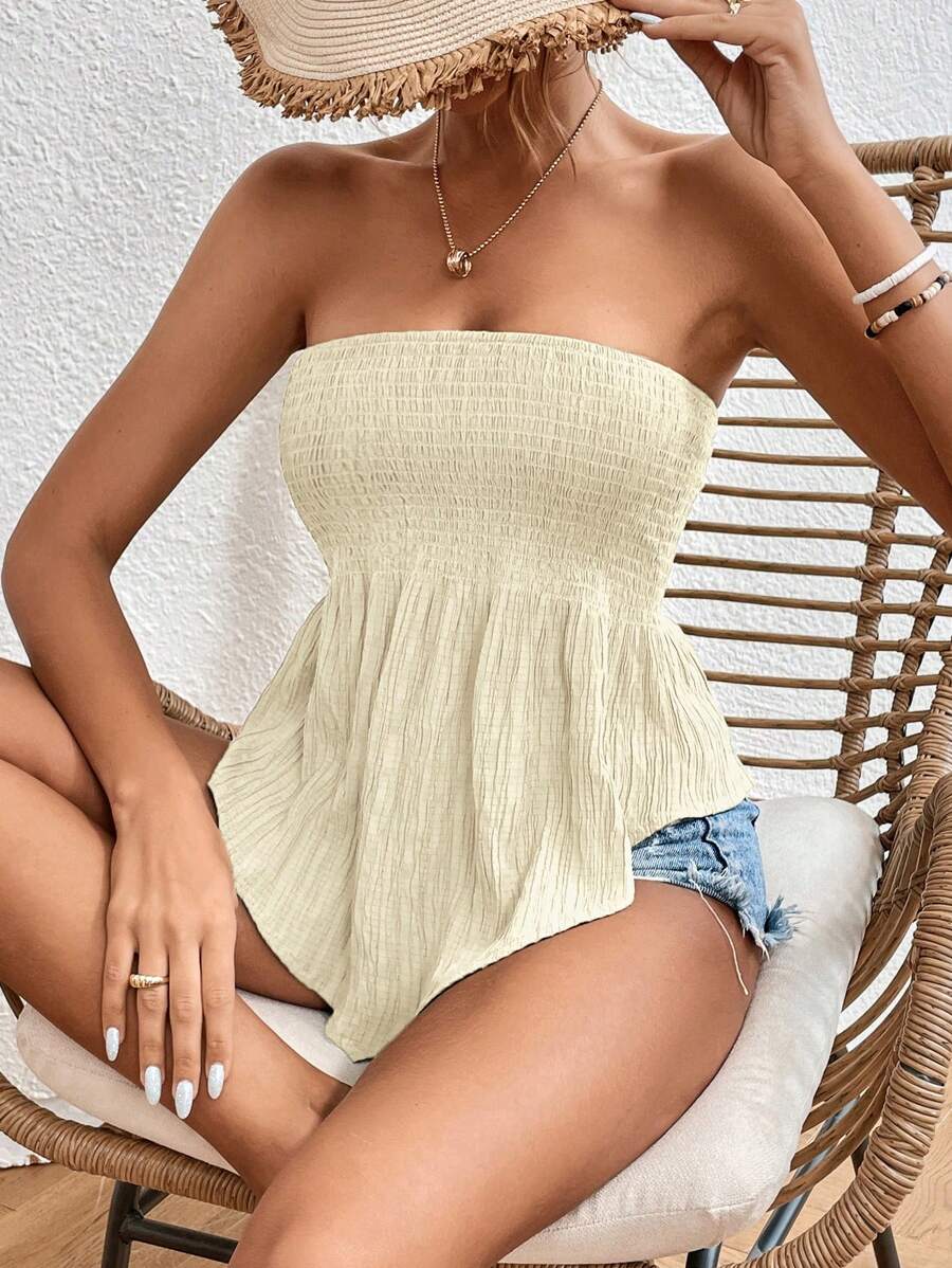 SHEIN Frenchy 素色不對稱下擺抹胸上衣 - 杏色 - 查看 1