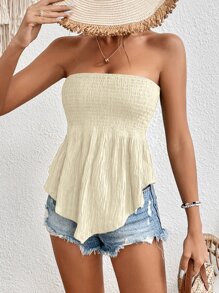 SHEIN Frenchy 素色不對稱下擺抹胸上衣 - 杏色 - 查看 3