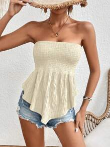 SHEIN Frenchy 素色不對稱下擺抹胸上衣 - 杏色 - 查看 7