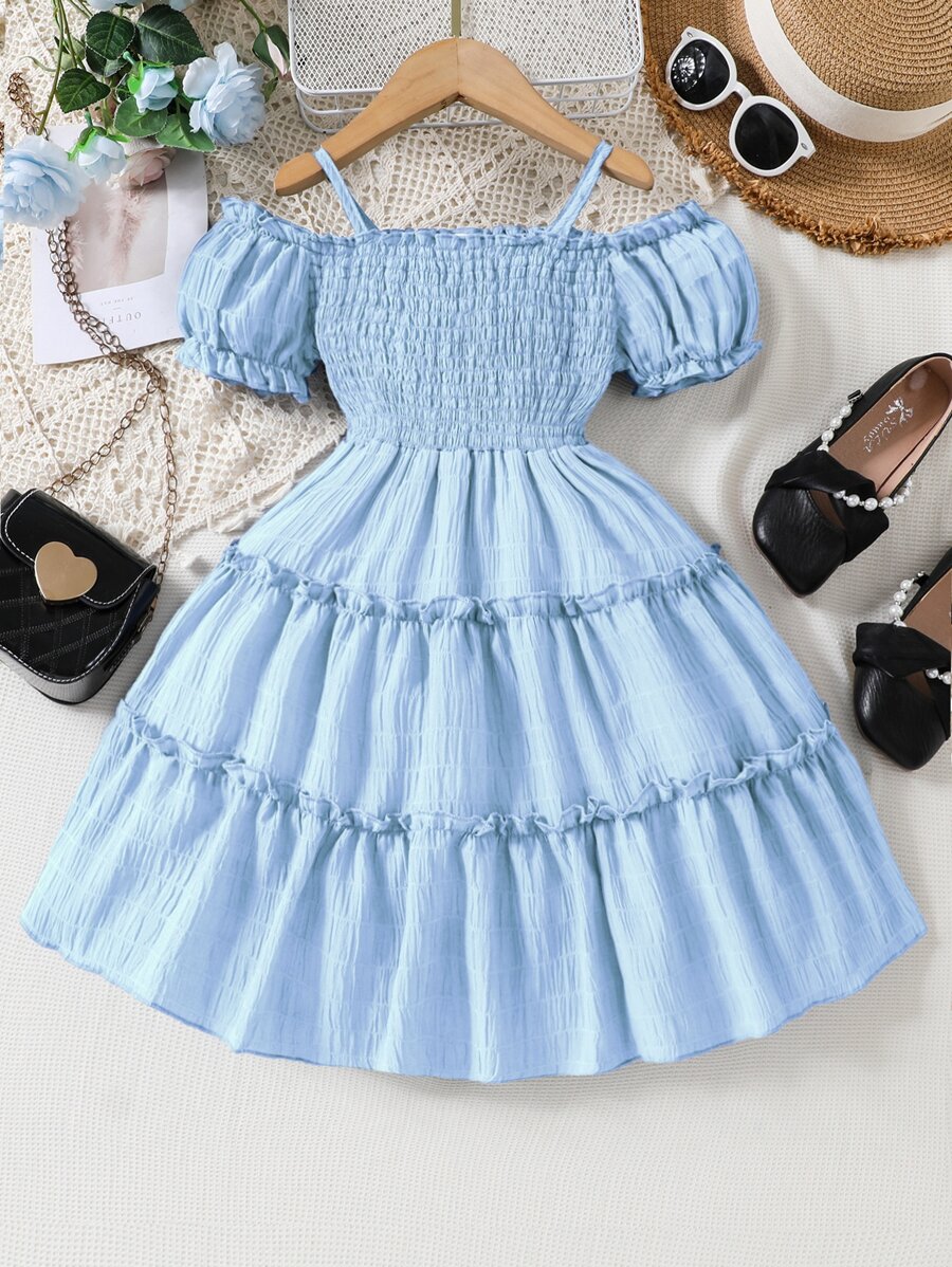 SHEIN 小女童挖肩打褶A字連衣裙 - 淺藍色 - 查看 1